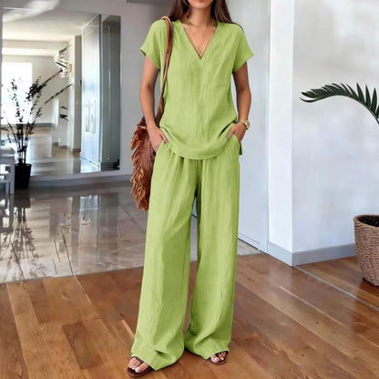 Ensemble 2 pièces en lin : haut col V manches courtes et pantalon large taille élastique