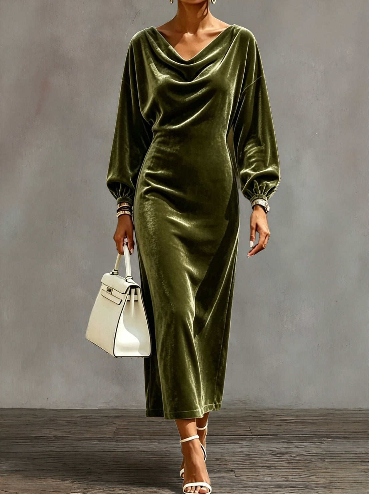 Robe midi en velours à col cache‑cou et manches bouffantes