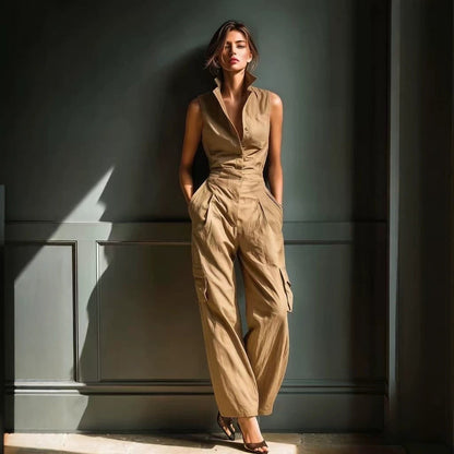 Combinaison sans manches à col chemise et jambes larges cargo
