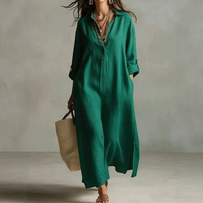 Robe chemise décontractée unie à revers à manches longues de style ample
