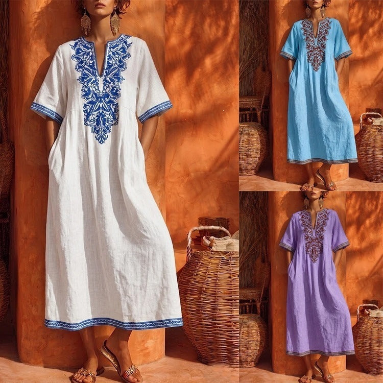 Robe Kaftan Midi à Broderies Florales en Lin, Col en V, Manches Courtes