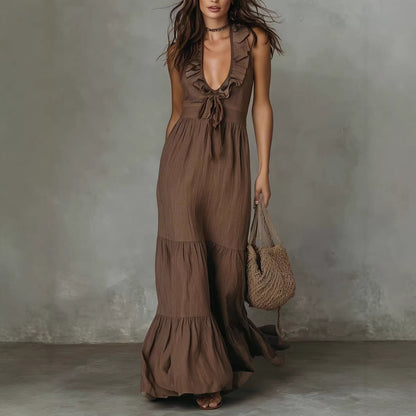 Robe longue décontractée ample à volants et col en V sans manches