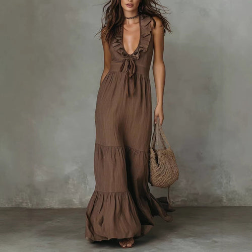 Robe longue décontractée ample à volants et col en V sans manches