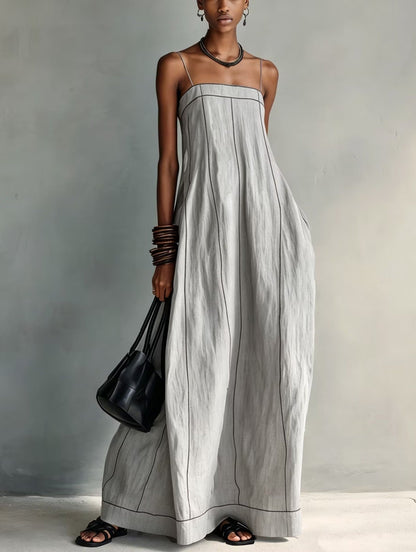 Robe longue nuisette droite à fines bretelles et surpiqûres contrastantes