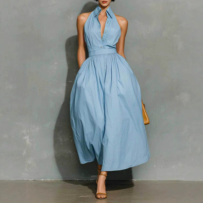 Robe Chemise Midi en Coton Plissée Boutonnée avec Col Licou Bleu Clair