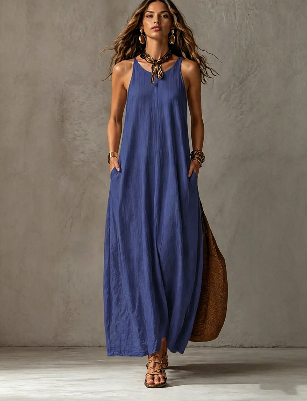 Robe longue texturée sans manches à encolure ronde et poches, coupe tente
