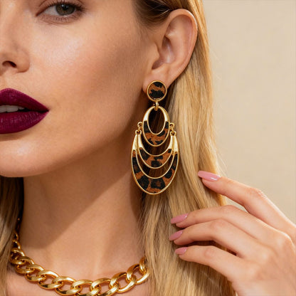 Layered Crescent Leopard Print Dangle Earrings Vintage 14K Gold Plated Animal Pattern Statement Drop Earrings