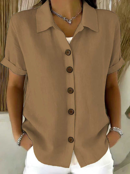 Women's short-sleeved linen shirt, with turn-down collar