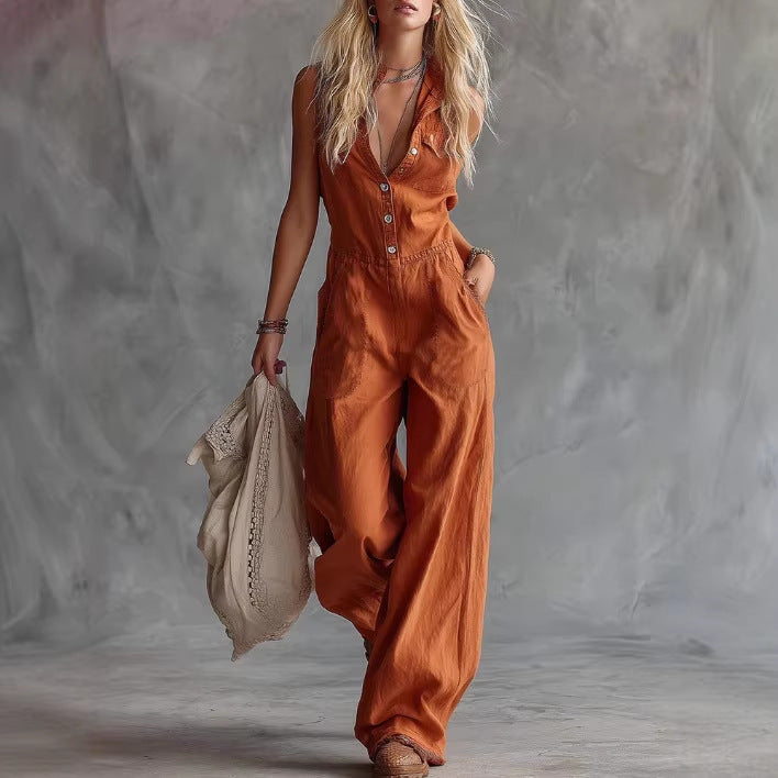 Combinaison palazzo sans manches pour femme avec col chemise