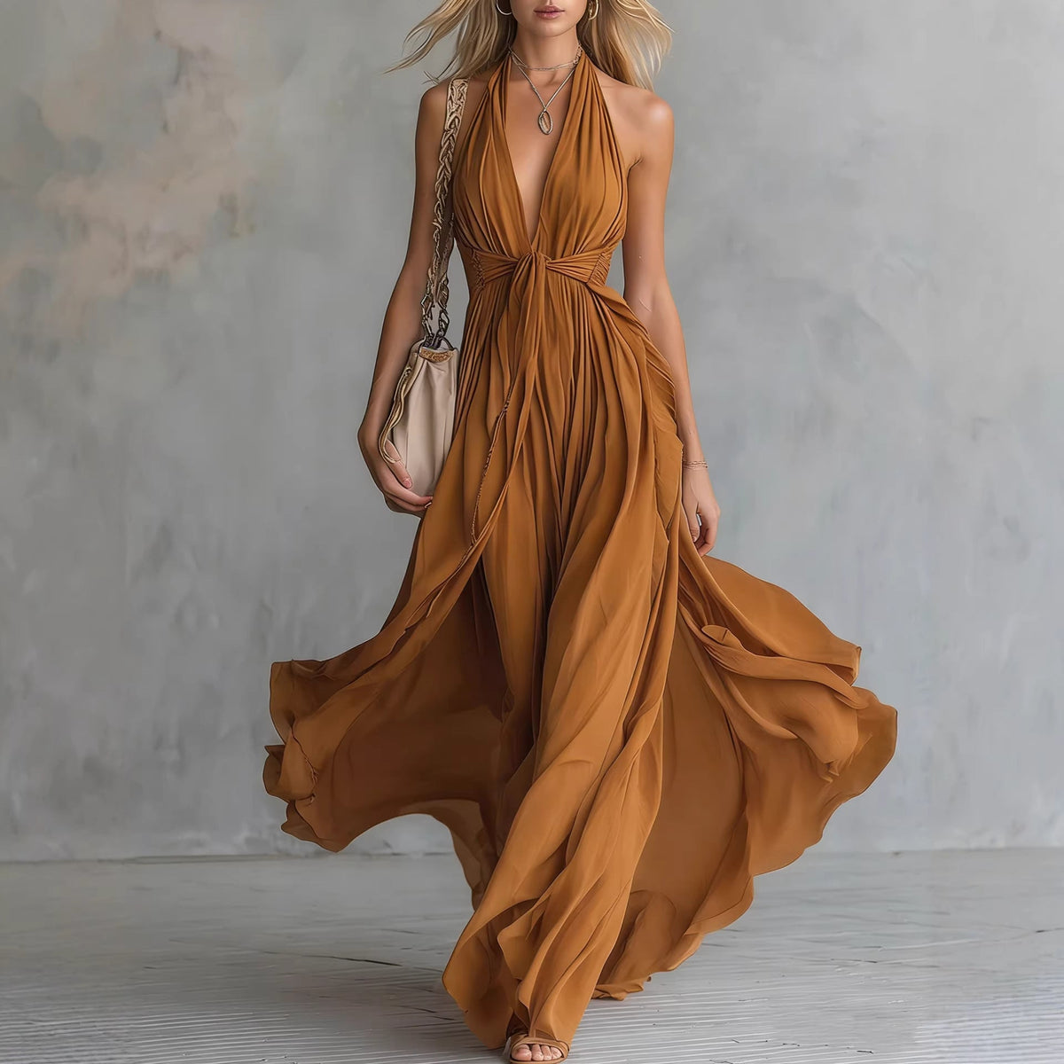 Robe taille sans manches sexy unie à col en V pour femmes