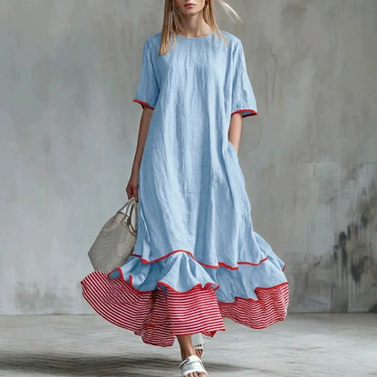 Robe longue ample en lin à rayures passepoilées et ourlet à volants