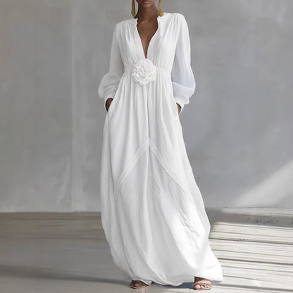 Robe de demoiselle d'honneur fluide en tissu texturé à manches longues bouffantes avec poches latérales