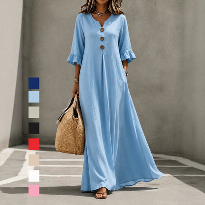 Robe longue en lin à col en V et manches volantées