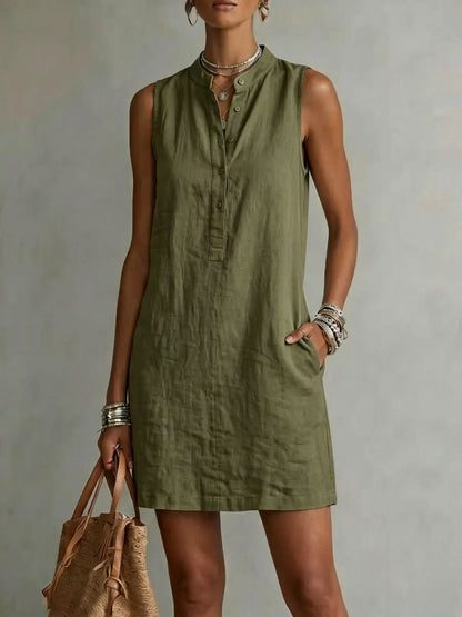 Mini-robe sans manches boutonnée en lin