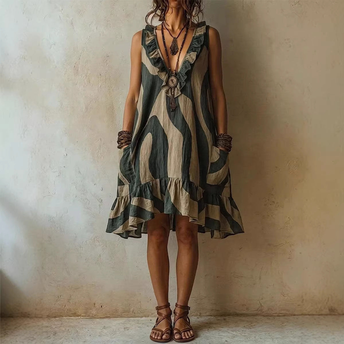 Robe courte en lin sans manches à imprimé vagues abstrait, col en V, volants et poches