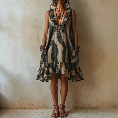 Robe courte en lin sans manches à imprimé vagues abstrait, col en V, volants et poches