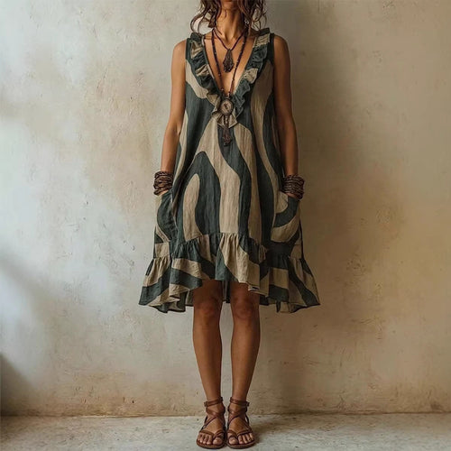 Robe courte en lin sans manches à imprimé vagues abstrait, col en V, volants et poches