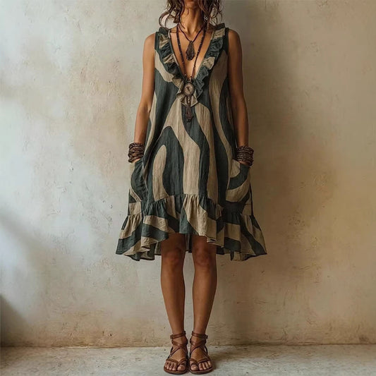 Robe courte en lin sans manches à imprimé vagues abstrait, col en V, volants et poches