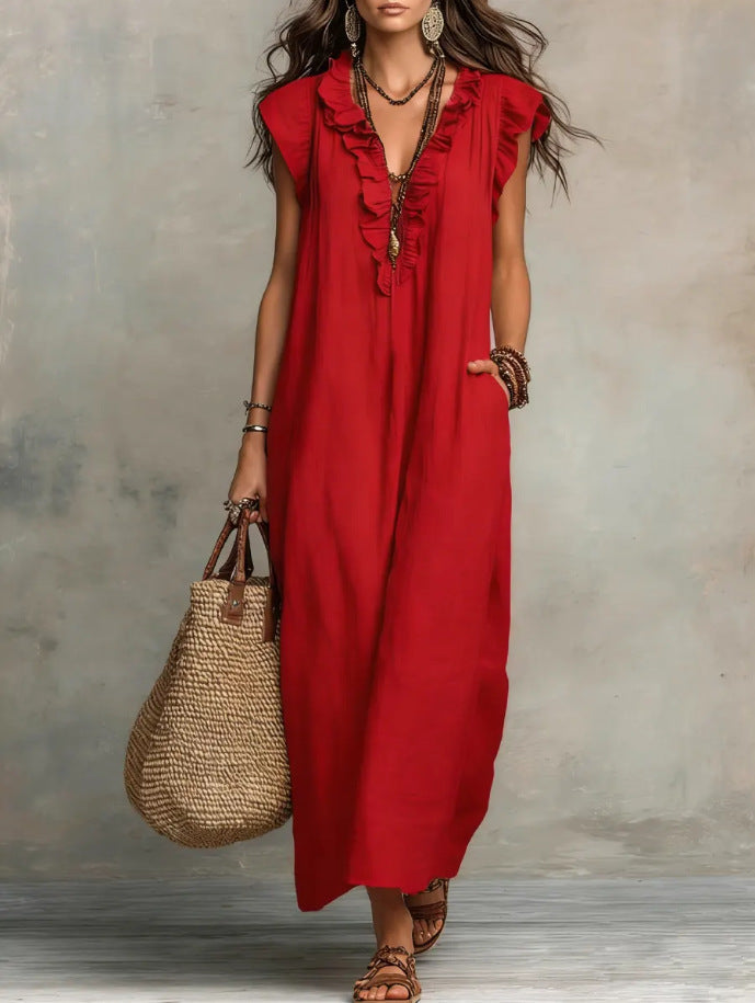 Robe longue bohème en lin à volants et col en V