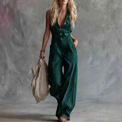 Combinaison palazzo sans manches pour femme avec col chemise