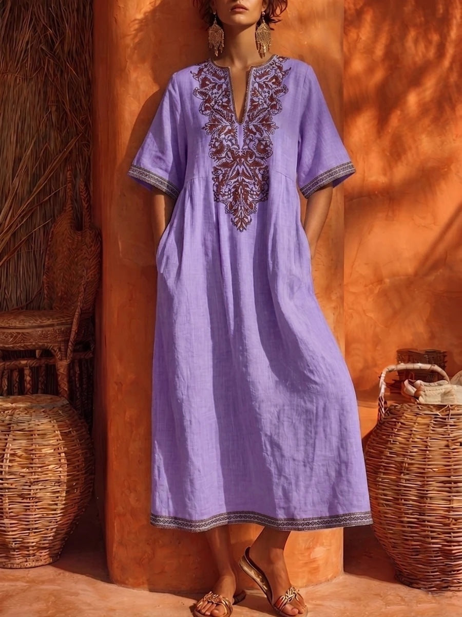 Robe Kaftan Midi à Broderies Florales en Lin, Col en V, Manches Courtes