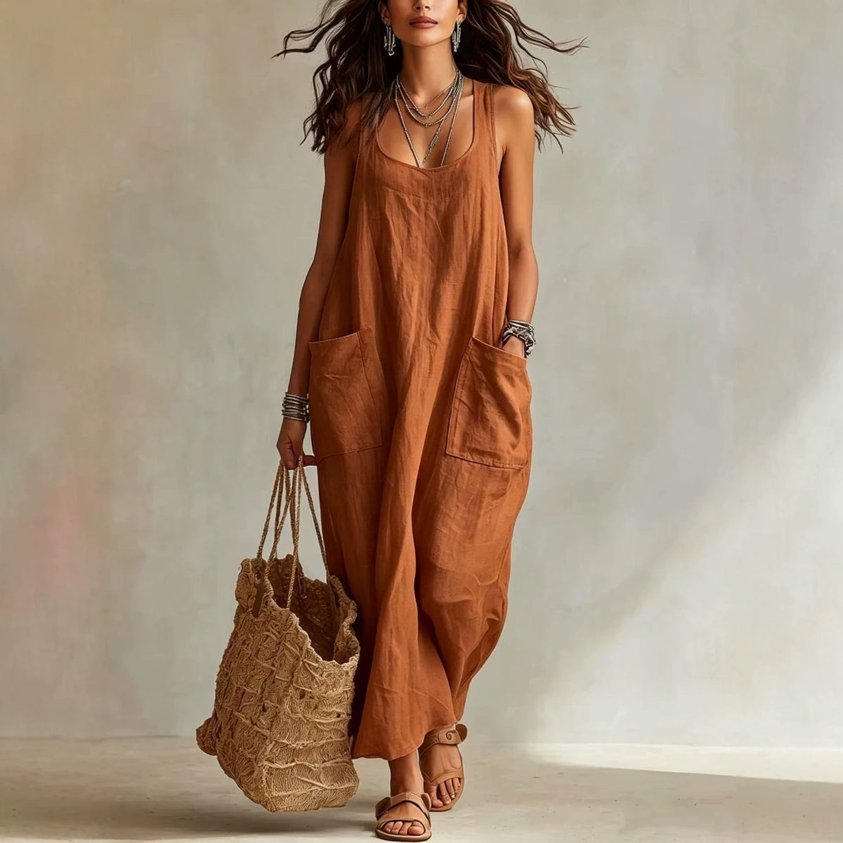 Robe longue maxi décontractée et fluide, sans manches, col en U, avec poches