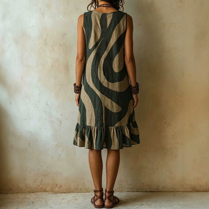 Robe courte en lin sans manches à imprimé vagues abstrait, col en V, volants et poches