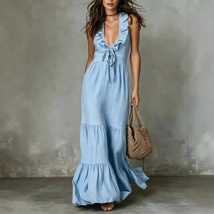 Robe longue décontractée ample à volants et col en V sans manches