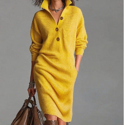 Robe pull mi-longue décontractée ample à revers et boutons pour femme, collection automne.