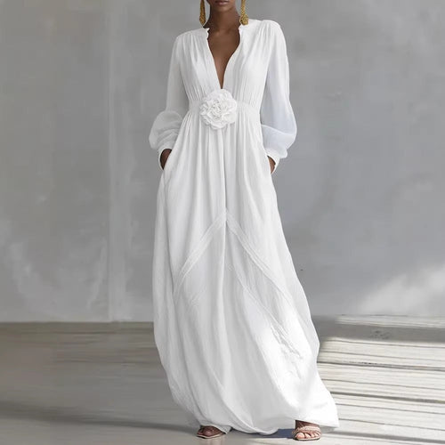 Robe de demoiselle d'honneur fluide en tissu texturé à manches longues bouffantes avec poches latérales