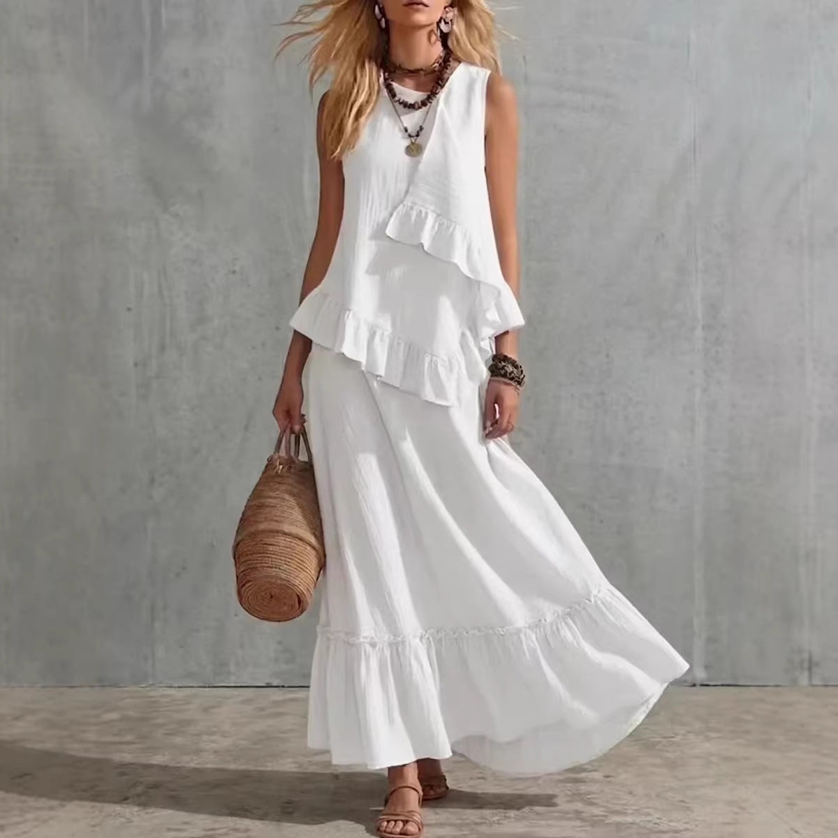 Robe longue texturée sans manches à volants asymétriques, robe longue d'été ample et fluide