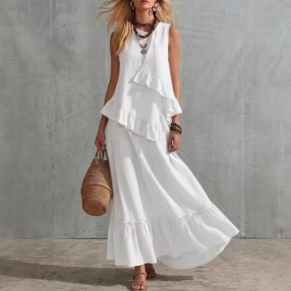 Robe longue texturée sans manches à volants asymétriques, robe longue d'été ample et fluide