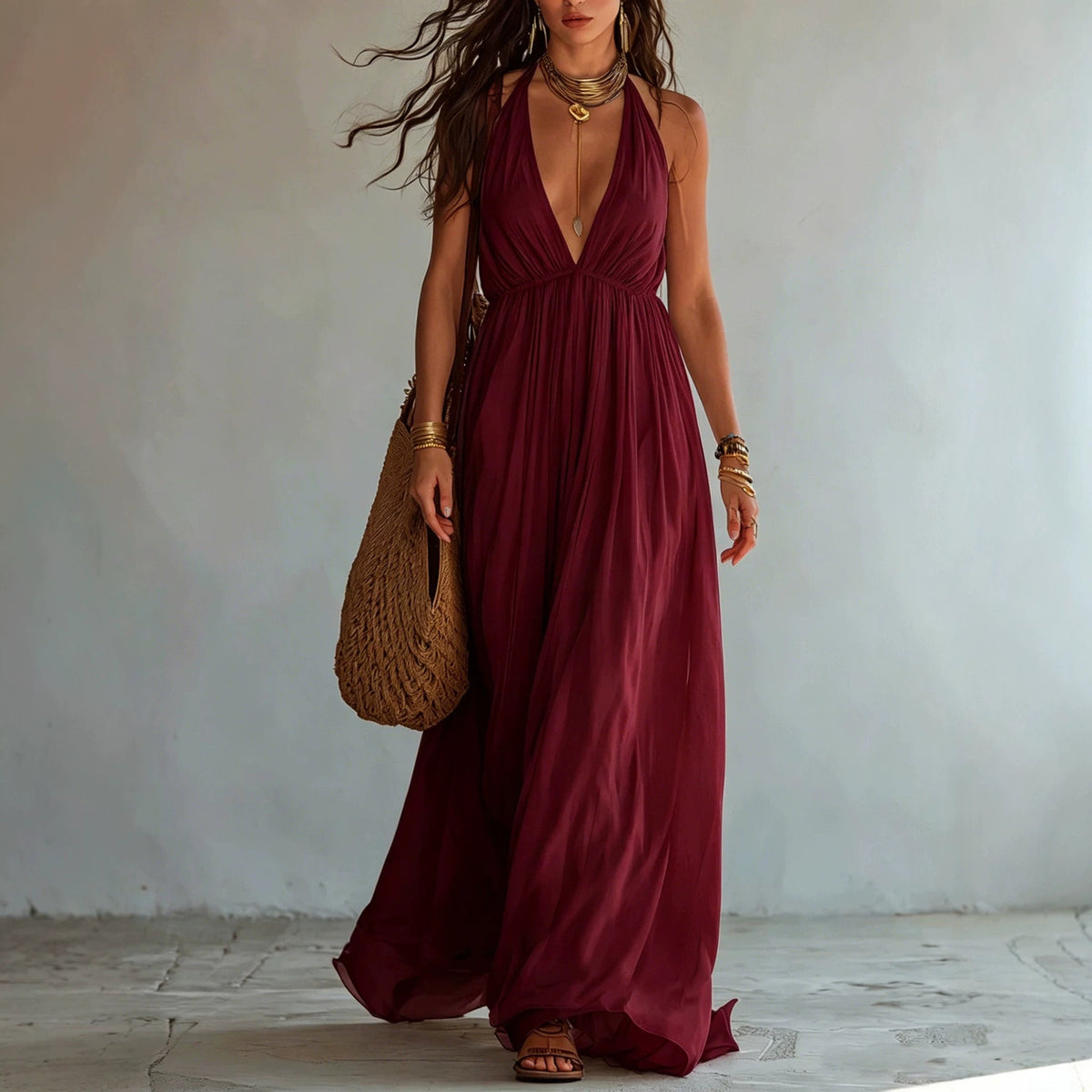 Robe longue en mousseline fluide avec col licou, décolleté en V profond et taille empire froncée