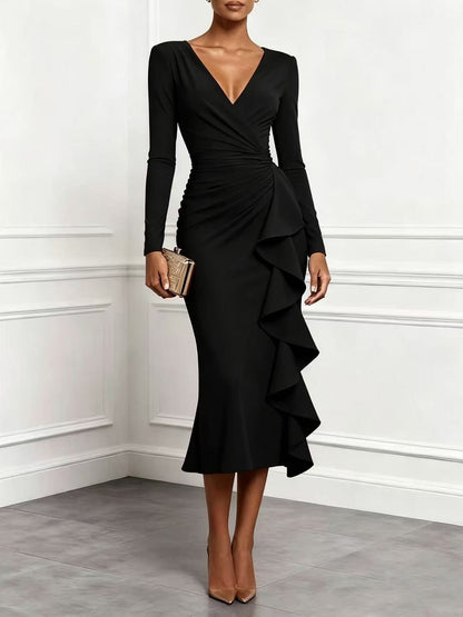 Women’s Solid Blush‑Pink Wrap Ruffle Ruched Long‑Sleeve Midi Dress - Black / S