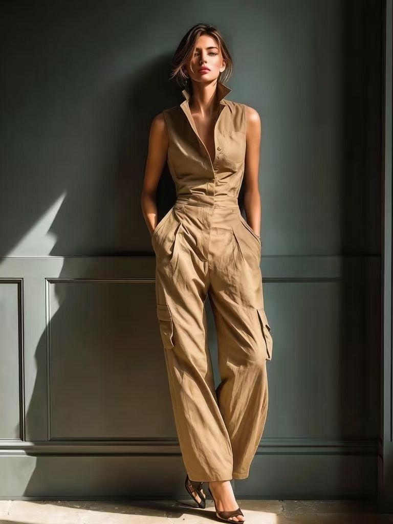 Combinaison sans manches à col chemise et jambes larges cargo