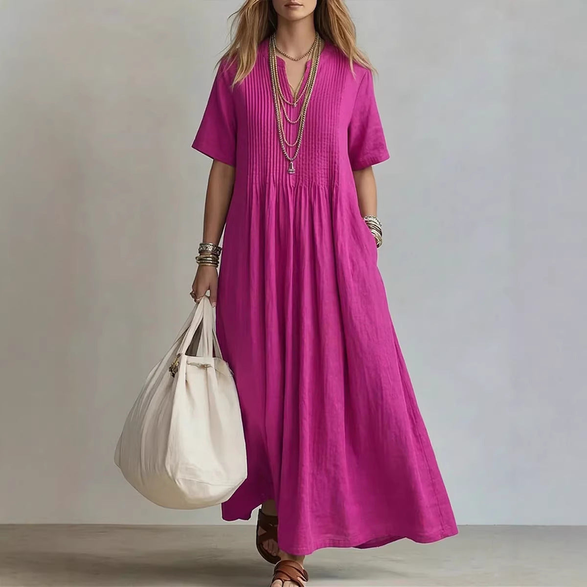 Robe longue décontractée à manches courtes pour femmes