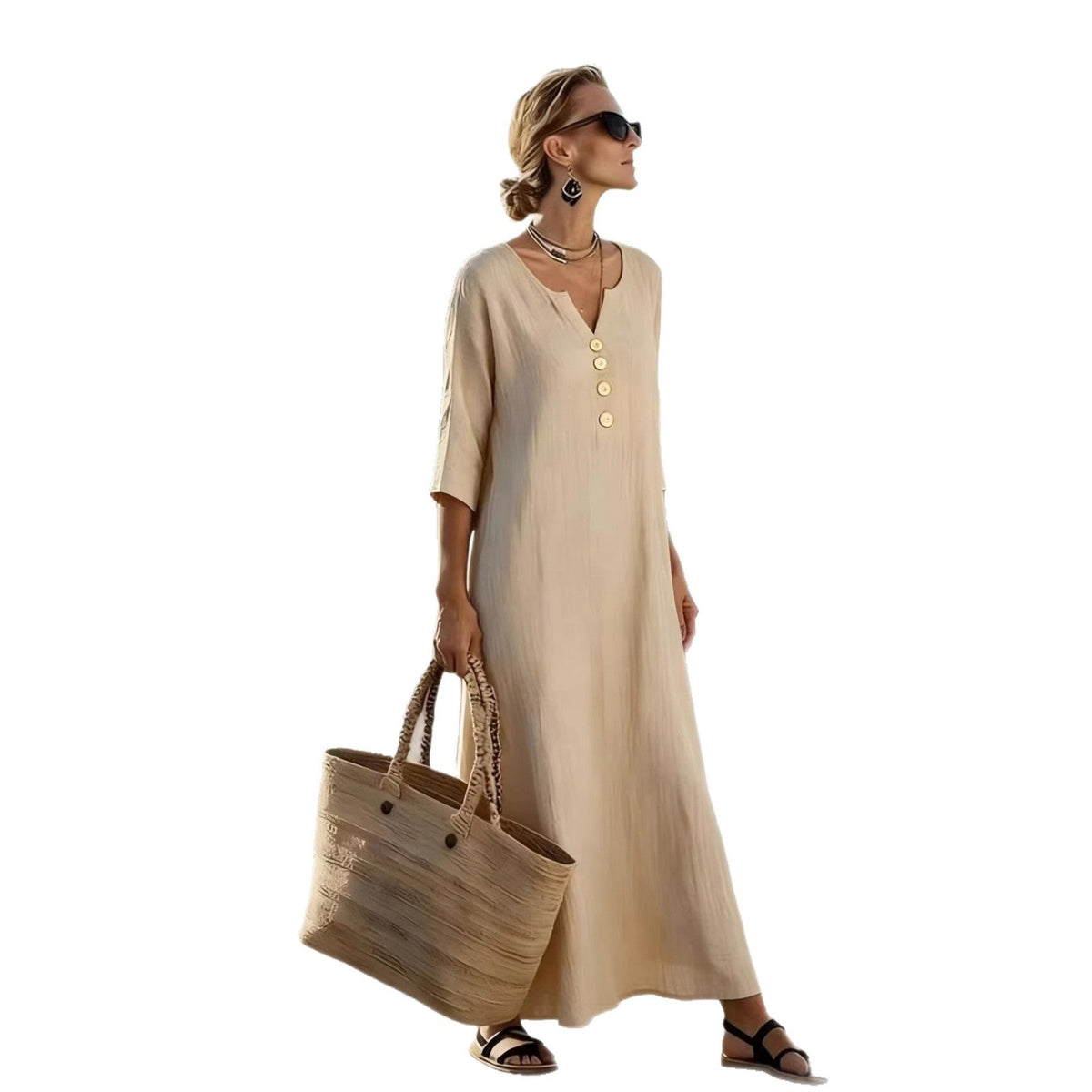 Robe longue décontractée en mélange de lin à col en V