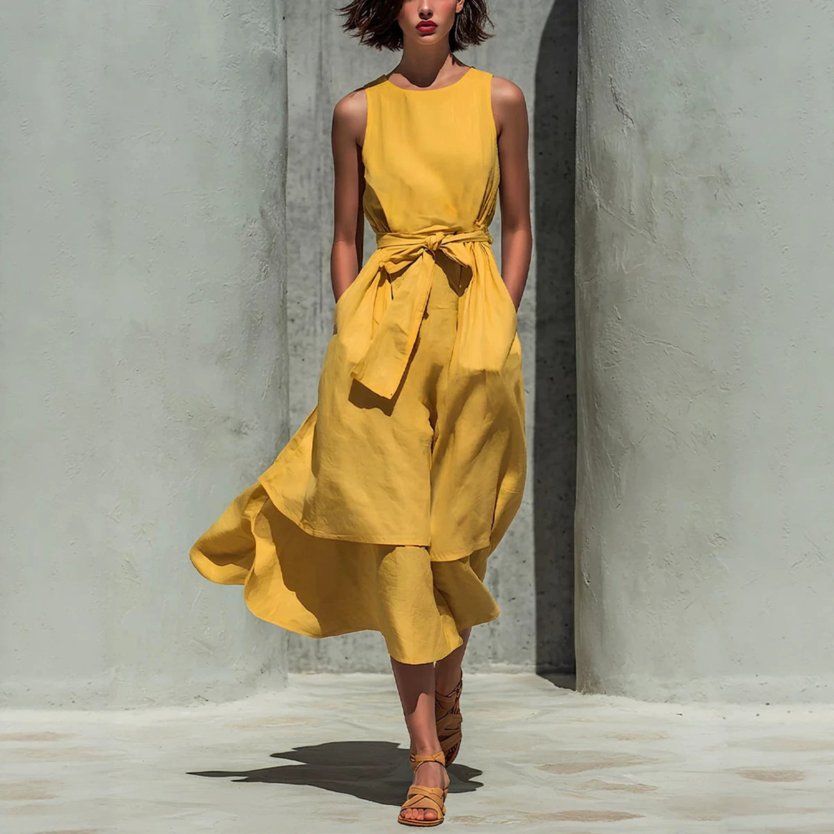 Robe midi en lin superposée sans manches avec lien à la taille