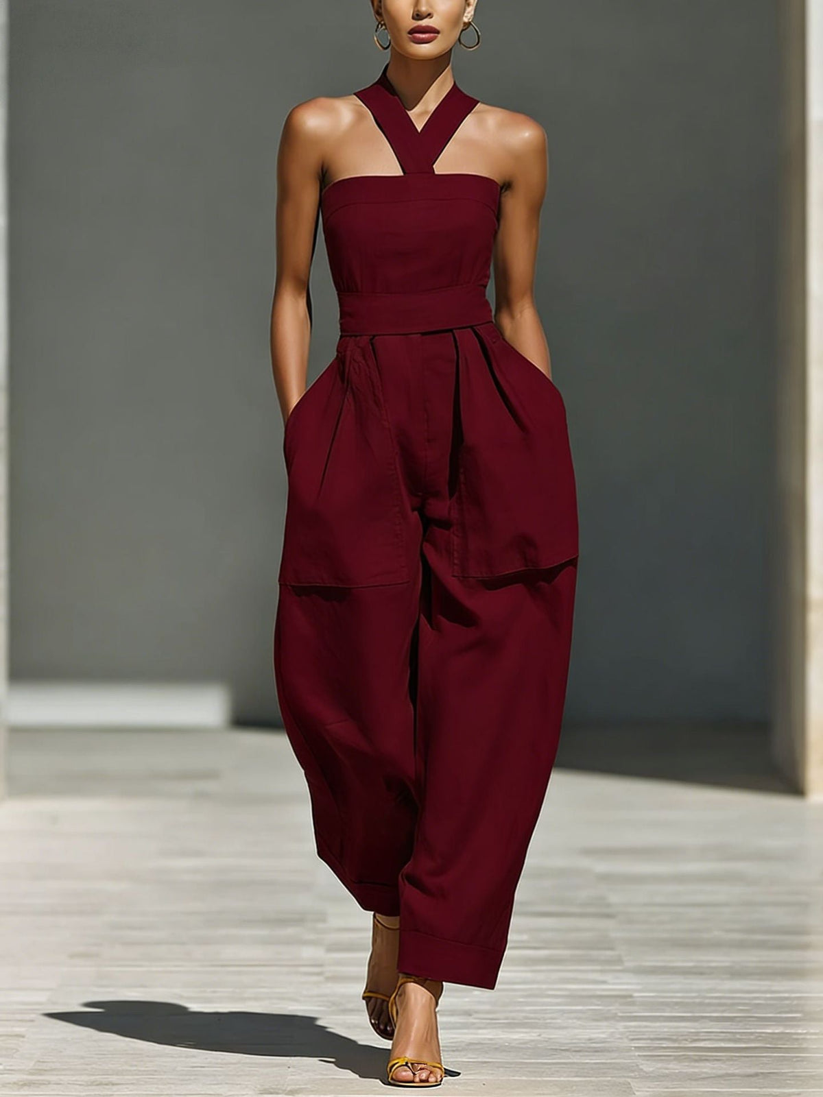 Linen Halter Wide Leg Pocketed Jumpsuit