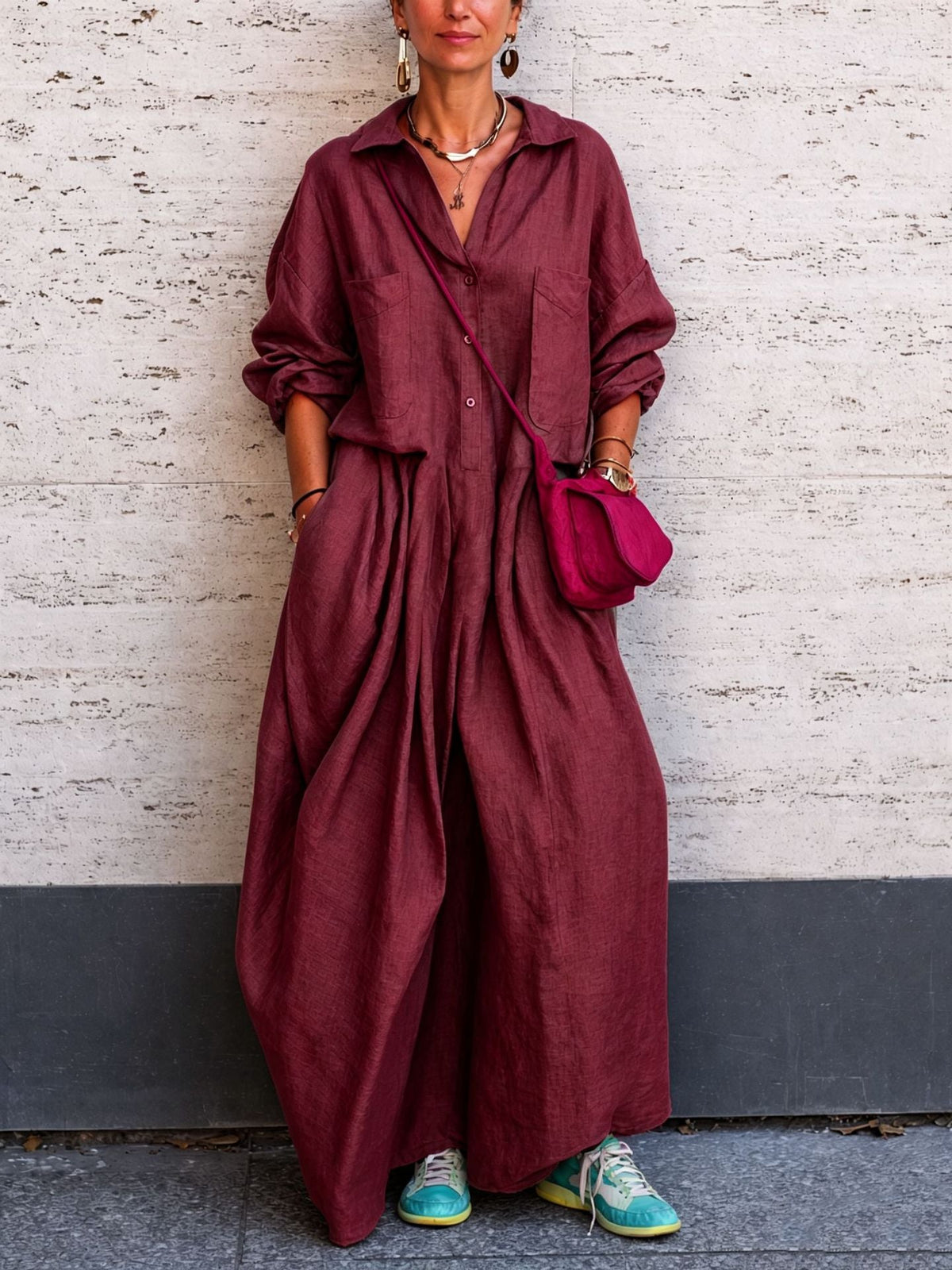 Oversized linen wide-leg jumpsuit