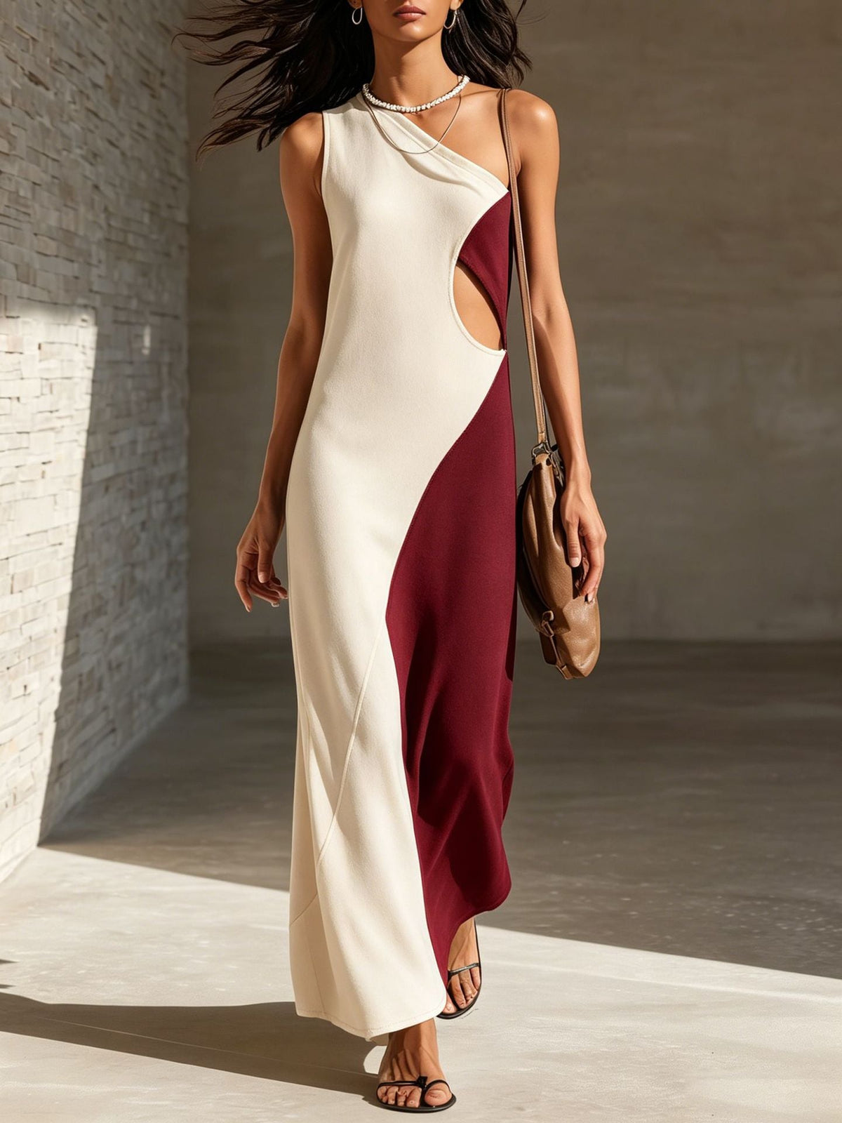 Robe longue texturée asymétrique à découpe à une épaule