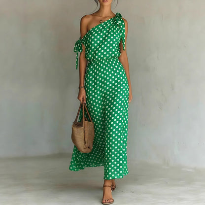 Robe longue asymétrique à pois pour femme