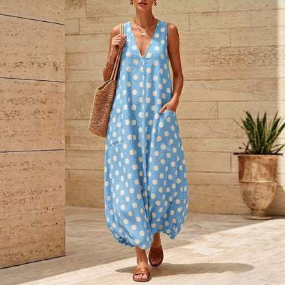 Robe midi sans manches vintage à pois et col en V avec poches latérales