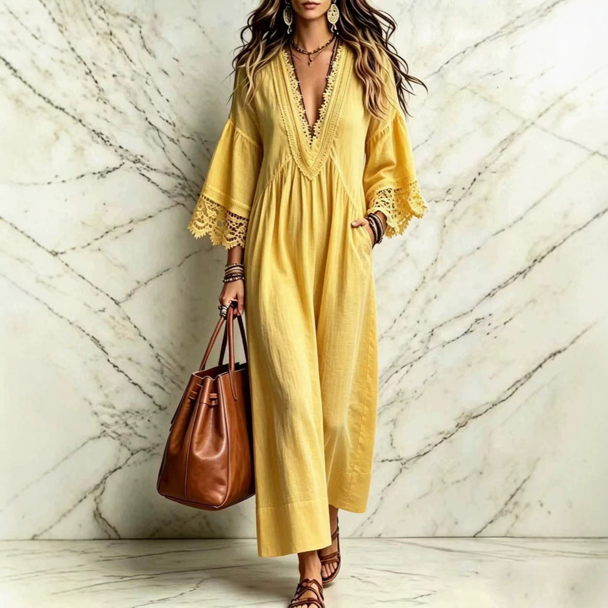 Boho Lace V‑Neck Maxi Dress Women Loose 3/4 Sleeve Beach Vacation Long Gown