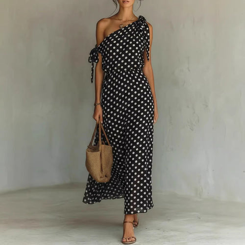 Robe longue asymétrique à pois pour femme