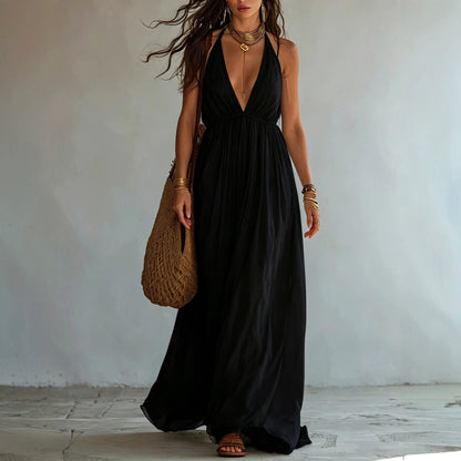 Robe longue en mousseline fluide avec col licou, décolleté en V profond et taille empire froncée