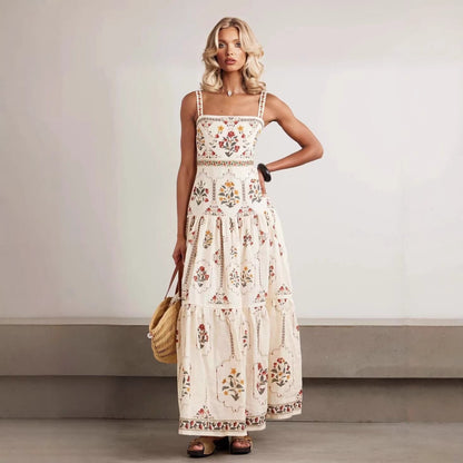 Robe longue étagée à imprimé floral vintage | Robe d'été camisole à encolure carrée