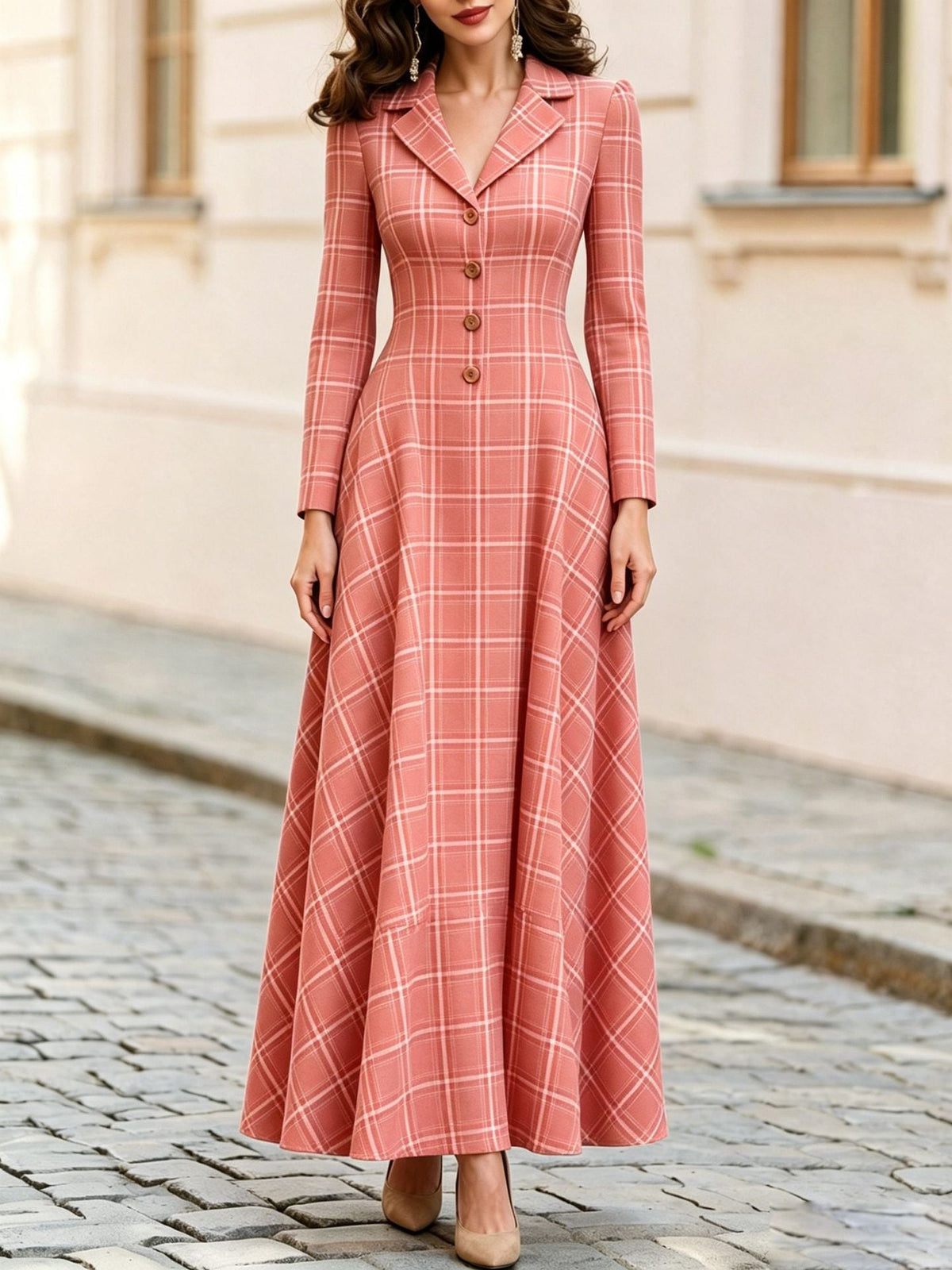 Robe longue à manches longues à carreaux classiques