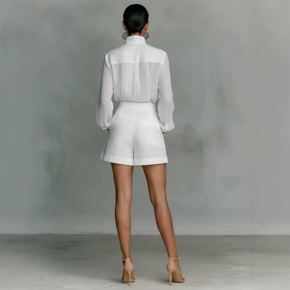 Ensemble chemise et short femme en lin mélangé col montant, boutonnage simple et manches longues, style minimaliste