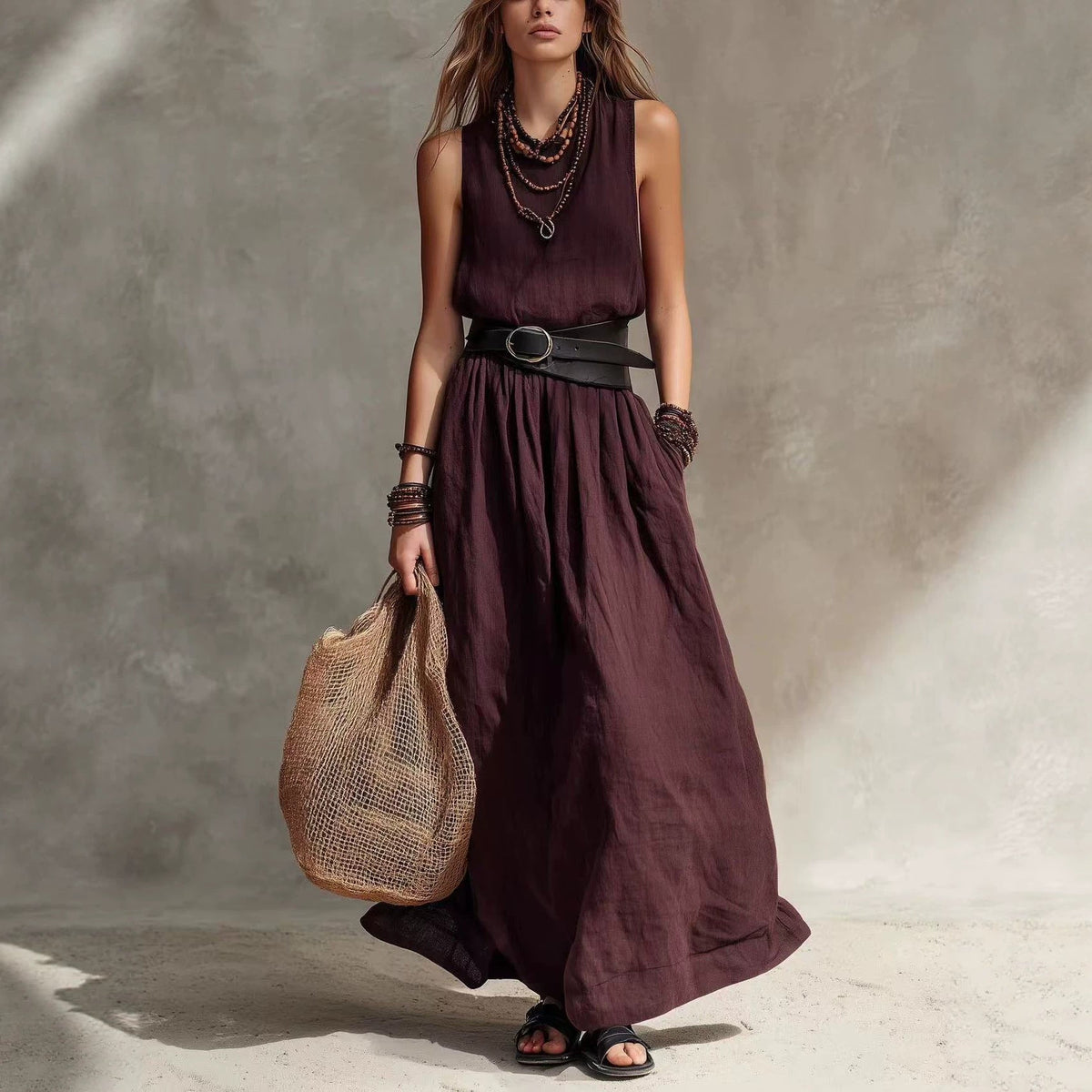 Longue robe sans manches à col montant et ceinture